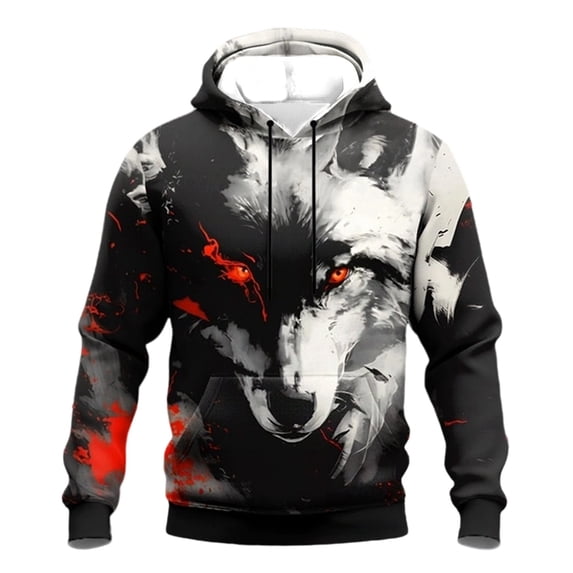 Yuncity Mens Hoodies Halloween Fashion Wolf Print Pullover Hooded Sweatshirt Long Sleeve Casual With Pocket Clothes Size Xxxxxl Red