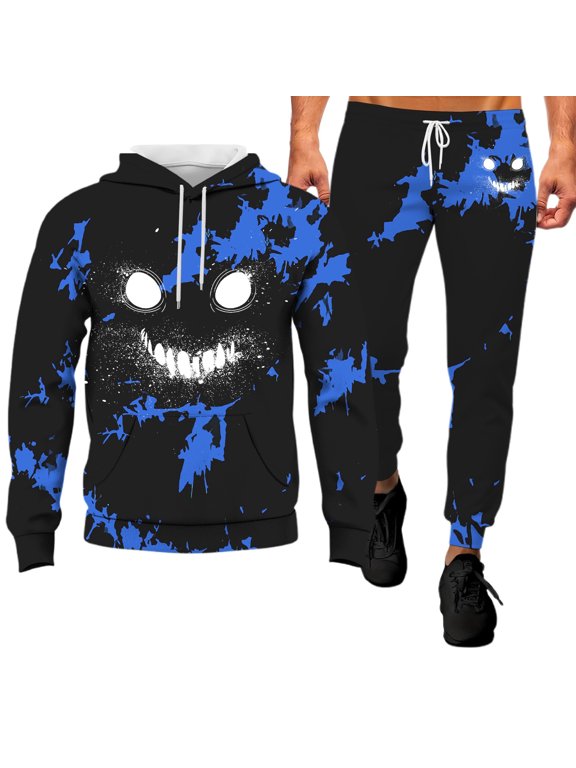 Mens Outfits Evil Smiling Face Print Hoodie And Jogger Pants Halloween Casual Comfortable Sweatsuit Suits Athletic 2 Piece Set Size S Blue