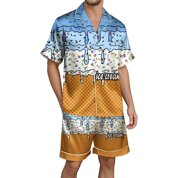 Yuncity Mens Pajamas 2 Piece Long Sleeve Ice Cream Button Down Shirt With Shorts Set Silk Satin Sleepwear Loungewear Soft Comfortable Breathable Pjs S-Xxxl