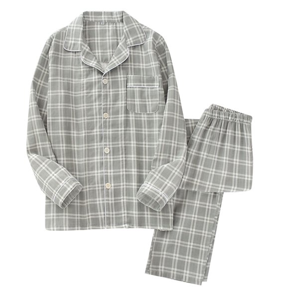 Yuncity Mens Pajamas Set Comfortable Plaid Long Sleeve Pants Home Suit Pjs Grey L