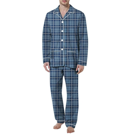 Yuncity Mens Pajamas Set Fashion Leisure Soft Comfortable Solid Color Lapel Long Sleeve Button Down Shirt Pants Two Piece Set Cozy Plaid Pajama Set Men Light Blue Xxl