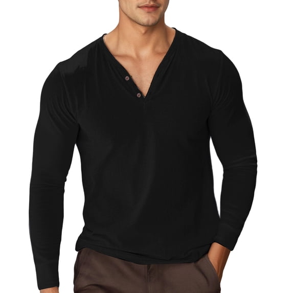 Yuncity Mens T-Shirts Button Henley Neck Long Sleeve Solid Color Summer Loose Fit Outdoor Daily Wear Men's Tops Size L Black