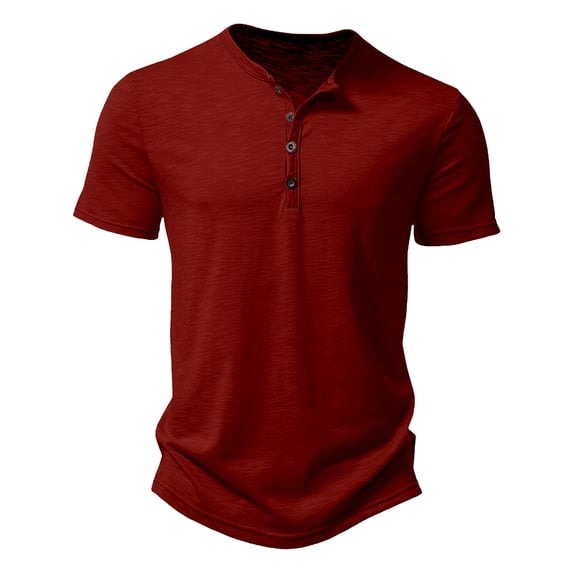 Yuncity Mens T-Shirts Button Henley Neck Short Sleeve Solid Color Summer Comfortable Outdoor Daily Wear Men's Tops Size 3Xl Red