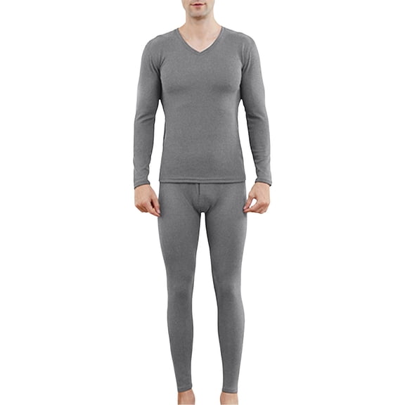 Yuncity Mens Thermal Underwear Set V Neck Cotton Thin Autumn Clothes Pants Bottoming Shirt Loungewear Mens Pajamas Grey L