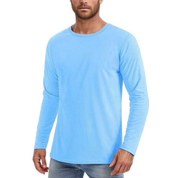 Yuncity Mens Tshirts Ice Silk Casual Style Crew Neck Long Sleeve Solid Color Summer Leisure Outdoor Daily Wear Men's Tees Size 3Xl Blue