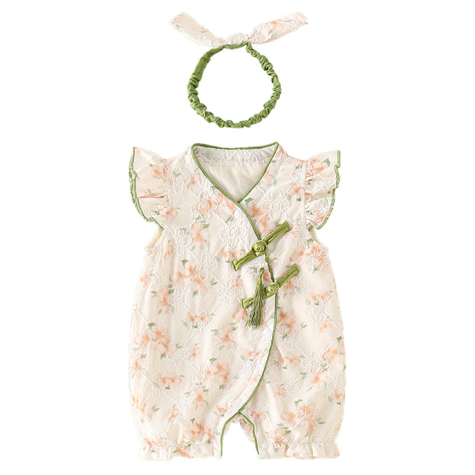 Yuncity Girls Jumpsuit Flying Sleeve Crew Neck Embroider Floral Print Romper Summer Fashion Breathable Outdoor Daily Wear Kids Onesie Sized 3-6 Months Beige