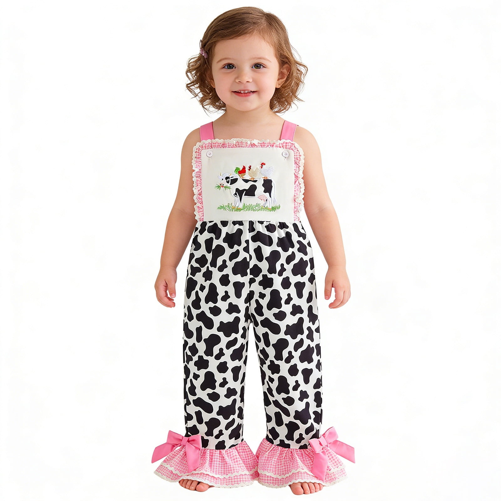 Yuncity Girls Jumpsuit Sleeveless Crew Neck Cow Print Embroider Romper Summer Cute Leisure Daily Wear Kids Onesie Sized 18-24 Months Pink