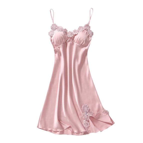 Yuncity Nightgown For Women Satin Solid Color Silk Belt Breast Pad Gathered Suspender Nightdress Pajamas Pjs Sleepwear Soft M-Xxl
