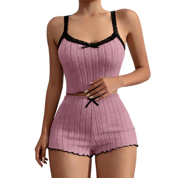 Yuncity Pajama Sets For Women Lace Trim 2 Piece Summer Sleeveless Cami Top With Shorts Pjs Sleepwear Loungewear Nightwear,Size S-Xl Pink