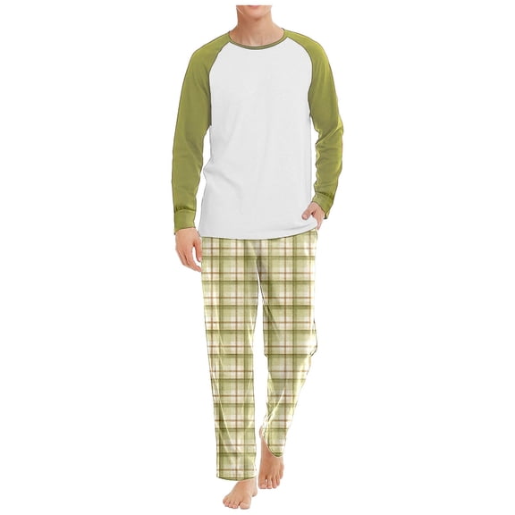 Yuncity Pajamas For Men Male Autumn Winter Inner Wear Home Raglan Sleeve Top Plaid Print Trousers Two Piece Suit Sleepwear Light Green Xl