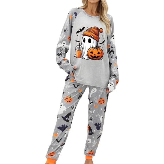 Yuncity Plus Size Cute Halloween Pajama Sets For Women 2 Piece Ghost Print Long Sleeve Top And Pants Pjs Sleepwear Loungewear Nightwear,Size M-3Xl Grey