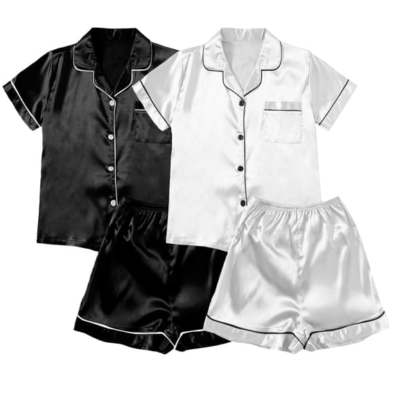Yuncity Plus Size Pajama Set Women Silk Satin 2 Pack Summer Short Sleeve Button Up Top With Shorts Pjs Sleepwear Loungewear Nightwear,Size M-5Xl Black