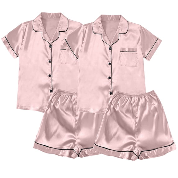 Yuncity Plus Size Women Pajama Sets Silk Satin 2 Pack Summer Short Sleeve Button Up Top With Shorts Pjs Sleepwear Loungewear Nightwear,Size M-5Xl Pink