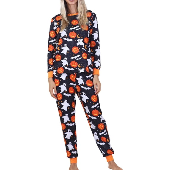 Yuncity Plus Size Women'S Halloween Pajama Sets 2 Piece Ghost Pumpkin Print Long Sleeve Top And Pants Pjs Sleepwear Loungewear Nightwear,Size M-3Xl Orange