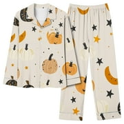 YUNCITY Pumpkin Pajamas Women Ladies Pantsuit Pajama Set Sleepwear Womens Halloween Pajamas,L