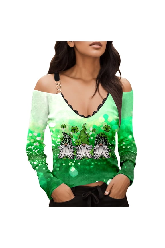 St Patricks Tshirts For Women Long Sleeve Funny Shamrock Graphic Casual V Neck Off The Shoulder Tops Tee Saint Patricks Day T Shirt S-Xxl