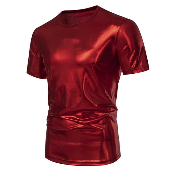 Yuncity Tees For Men Crew Neck Short Sleeve Solid Color Summer Fashion Party Stage Glossy Wear Men's T-Shirts Size S Red