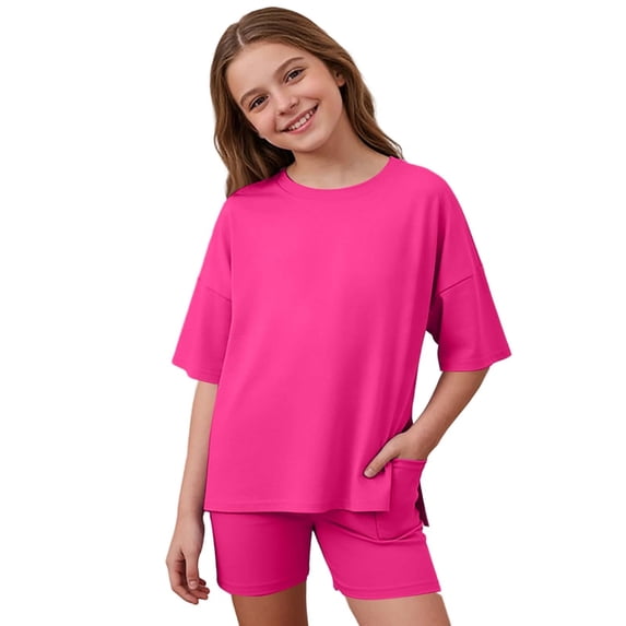 Yuncity Toddler Girls Outfits Summer Crew Neck Short Sleeve Casual Two Piece Loose Shirt And Cycling Shorts Cozy Sets Size 7-8 Years