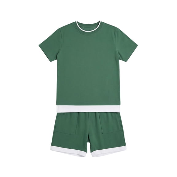 Yuncity Toddler Kids Outfit Short Sleeve Crew Neck Solid Color Print Tops With Shorts 2 Pieces Set Summer Casual Trend Outdoor Daily Wear Boys Clothes Set Size 4-5 Years Green
