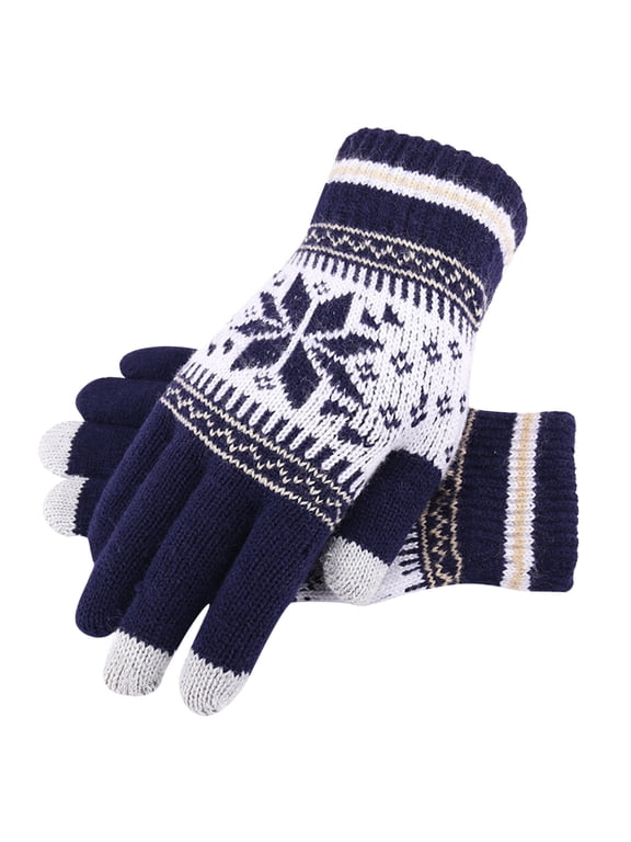 Unisex Winter Knitted Gloves Touchscreen Thick Snowflake Pattern Warm Mittens For Men Women Cold Weather Outdoor Cycling Sports,Navy
