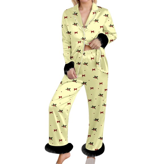 Yuncity Valentine's Day Loungewear For Women Bow Floral Print Soft Wear Two Piece Outfit With Hem Design Cozy Sleep Relaxation Comfortable Nightwear Pjs Pajama Light Yellow L