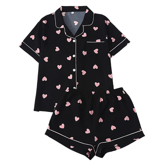 Yuncity Valentine's Day Pajama for Women Set 2 Piece Soft Short Sleeve Heart Print Button Down Tops and Shorts Pjs Nightwear Loungewear for All Seasons Comfort Cute S-Xl