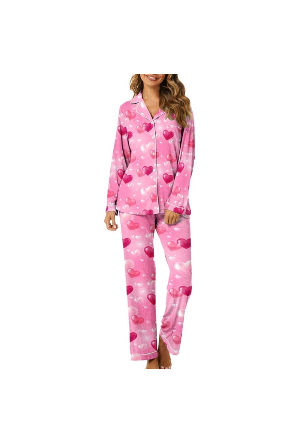 Valentine's Day Sleepwear For Women 2 Piece Heart Print Lady Button Long Sleeve Home Wear Spring Pj'S Pajamas Red M
