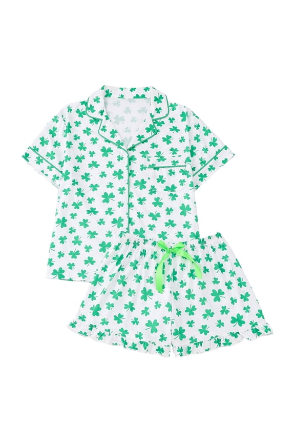 Valentine's Day Sleepwear For Women Cozy Heart Print Short Sleeve Top With Matching Shorts Home Pj'S Pajamas Green L