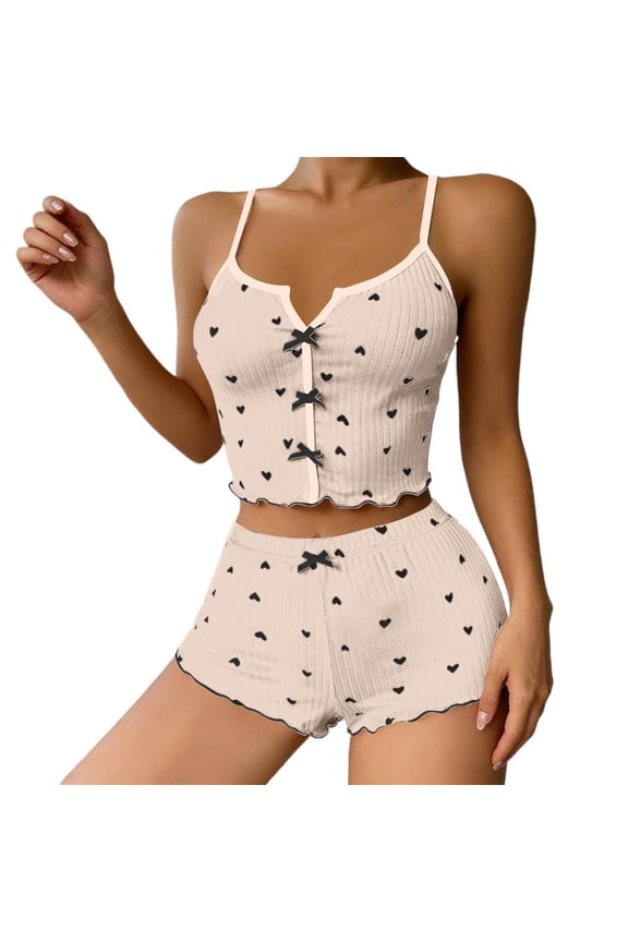 Valentine's Day Women Pajama Sets Ribbed With Bow Sleeveless Tank Top Shorts Comfortable Pj'S Loungewear Beige L