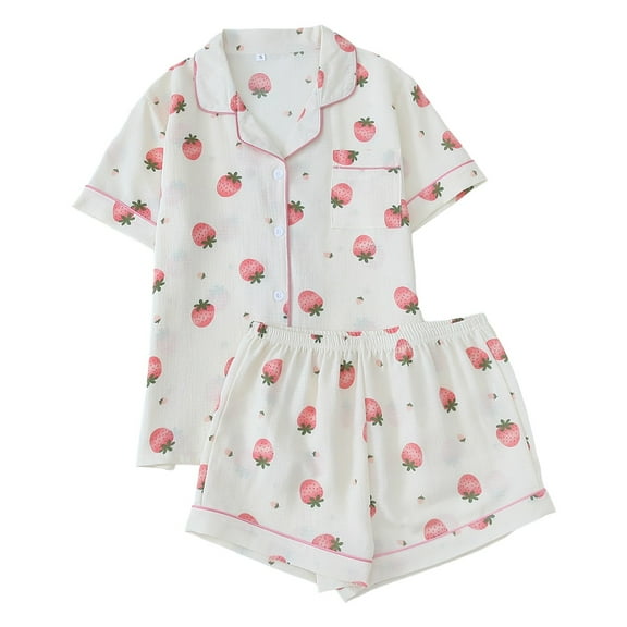 Yuncity Valentines Pajamas for Women 2 Piece Short Sleeve Cute Print Button Down Shirt With Shorts Set Sleepwear Loungewear Soft Comfortable Breathable Pjs S-Xl