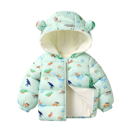 Yuncity Winter Down Coats For Kids Baby Boys Girls Cute Animal Go Kart Print Thickened Warm Fleece Lined Jacket For Toddler Outerwear Green