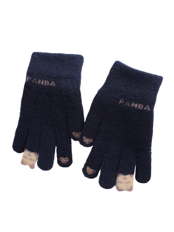 Winter Gloves For Kids Cute Panda Knitted Warm Touchscreen Fleece Lined Girls Plush Gloves Outdoor Running Sports School,Navy