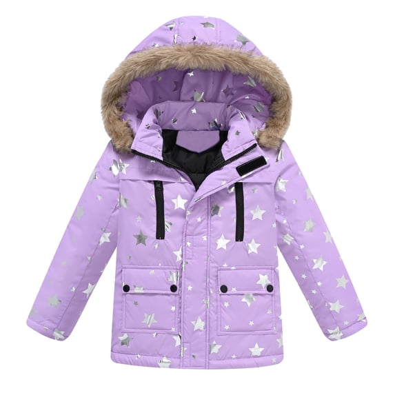 Yuncity Winter Puffer Coats For Girls Star Pattern Thicken With Pocket Hooded Down Jacket Windproof Zipper Thick Warm Outwear Fashion Casual Workout Clothes