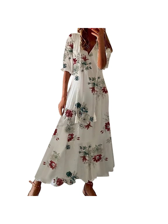 Women Boho Maxi Dress Flower Graphic Print V Neck Tassel Tie Puff Short Sleeve Loose Ruffle Hem Casual Fashion Elegant Vacation Dresses Size S White