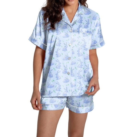 Yuncity Women Easter Pajamas Silk Satin Heart Shaped Rabbit Short Sleeve Button Down Shirt Shorts Pjs Loungewear Sleepwear Light Blue Xl