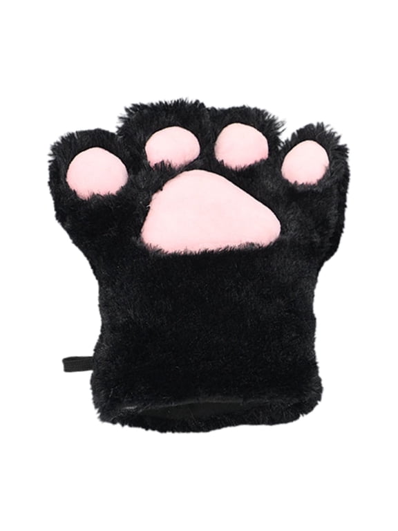 Women Fuzzy Cat Paw Gloves Cute Animal Print Plush Half Finger Mittens Accessories For Halloween Cosplay Party Performance,Black
