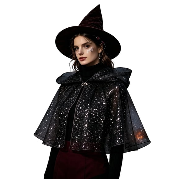 Yuncity Women Halloween Hooded Capelet Glitter Tulle Short Cape Enchanted Witch Cosplay Costume For Party Festival Black