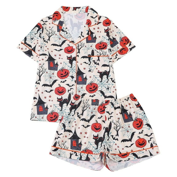 Yuncity Women Halloween Sleepwear Printed Collar Short Sleeve Pajama Short Pants Stylish Cute Pajama Sets Beige Xl