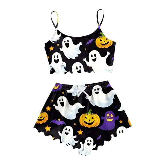 Yuncity Women Halloween Sleepwear Sleeveless Cartoon Print Pajama Shorts Homewear Cute Pajama Sets Black Xl
