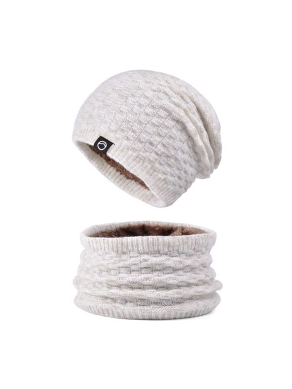 Women Men Winter Beanie Hat Neck Warmer Set Slouchy Warm Fleece Lined Knit Heather Cap Neck Gaiter For Cold Weather Outdoor Daily Wear Beige