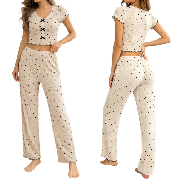 Yuncity Women Pajamas Knit Slim Fit 2 Piece Heart Print Summer Short Sleeve Crew Neck Top And Pants Pjs Sleepwear Loungewear Nightwear,Size S-Xl Black