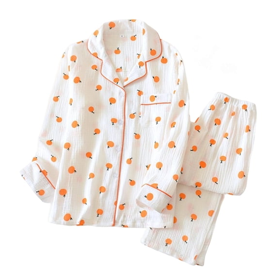 Yuncity Women'S Pajama Sets 2 Piece Orange Print Long Sleeve Button Up Top And Pants Pjs Sleepwear Loungewear Nightwear,Size M-Xl White