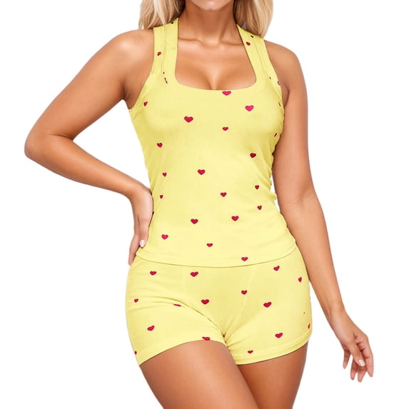Yuncity Women'S Pajamas 2 Piece Heart Print Summer Sleeveless Tank Tops With Shorts Pjs Sleepwear Loungewear Nightwear,Size S-L Yellow