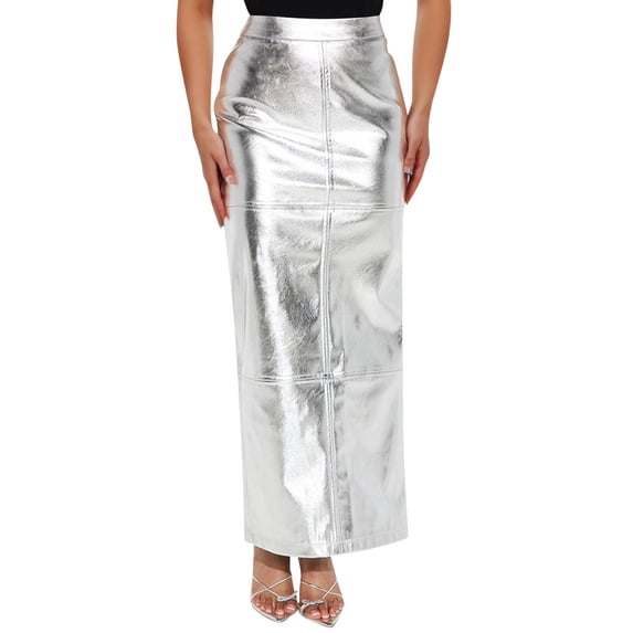 Yuncity Women Skirts Solid Color High Waist Elastic Maxi Shiny Pencil Slim Slit Summer Elegant Breathable Party Club Wear Women's Skirts Size S Silver