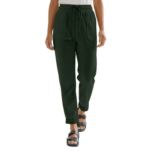 Yuncity Women Sweatpants Corduroy Casual Pants High Waist Wide Leg Comfort Fit With Pockets Elastic Waistband Everyday Wear Soft Trousers Women's Sweat Pants Dark Green M