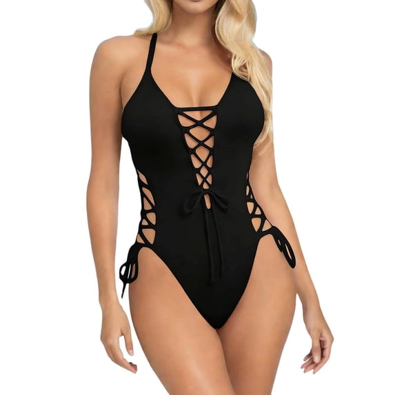Yuncity Women's One-Piece Swimsuits Lace Up 1 Piece Swimsuit Deep V Neck Bathing Suits Swimwear For Beach Pool Black S-Xxxl