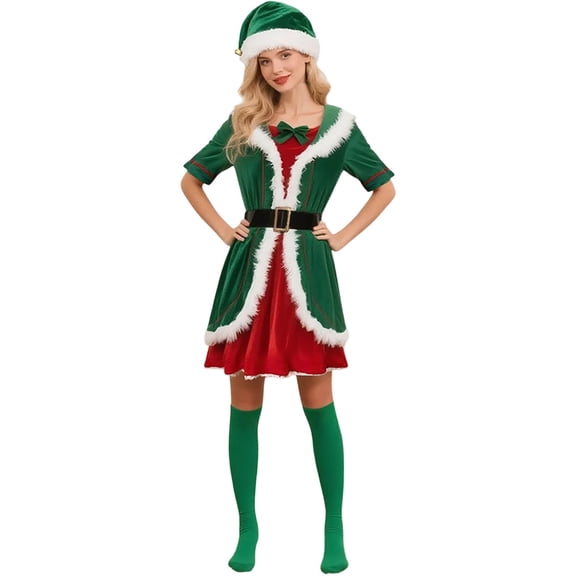 Yuncity Womens Christmas Elf Costume Set Short Sleeve Cozy Soft Dress And Hat Belts Fashion Holiday Cosplay Party 3 Piece Outfit Green