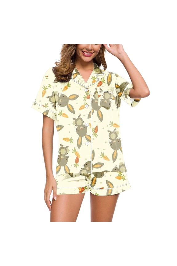Womens Easter Day Pajamas 2 Piece Short Sleeve Cute Bunny Print Button Down Shirt With Shorts Set Silk Satin Sleepwear Loungewear Soft Comfortable Breathable Pjs S-Xxl