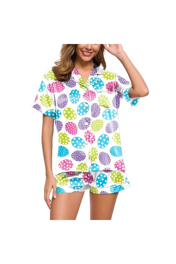 Womens Easter Pajamas Silk Satin 2 Piece Sets Floral Graphic Bunny Print Short Sleeve Button Shirt Shorts Pajama Set Pjs Loungewear Sleepwear Blue L
