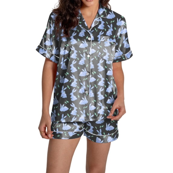 Yuncity Womens Easter Pajamas Silk Satin Heart Shaped Rabbit Short Sleeve Button Down Shirt Shorts Pjs Loungewear Sleepwear Black Xl